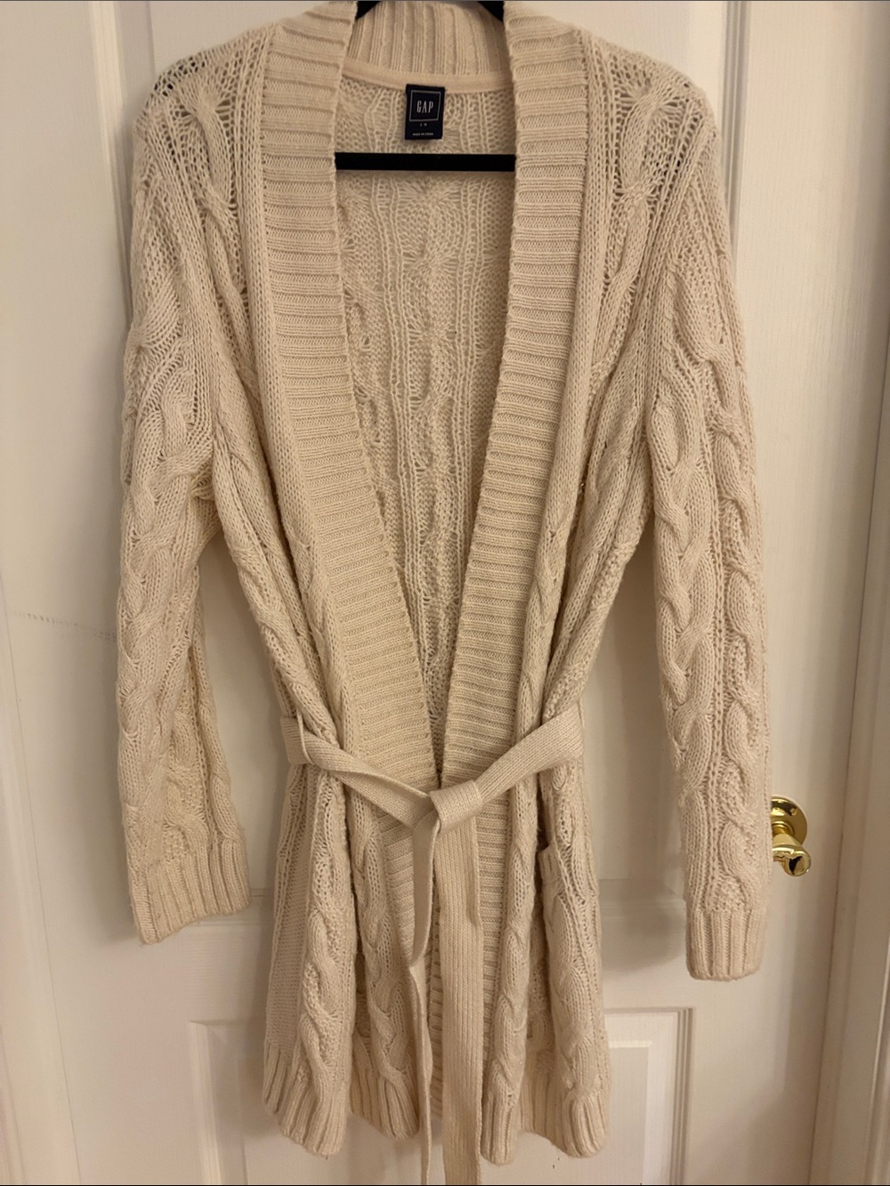 GAP Cream Cable-Knit Shawl Collar Belted Cardigan